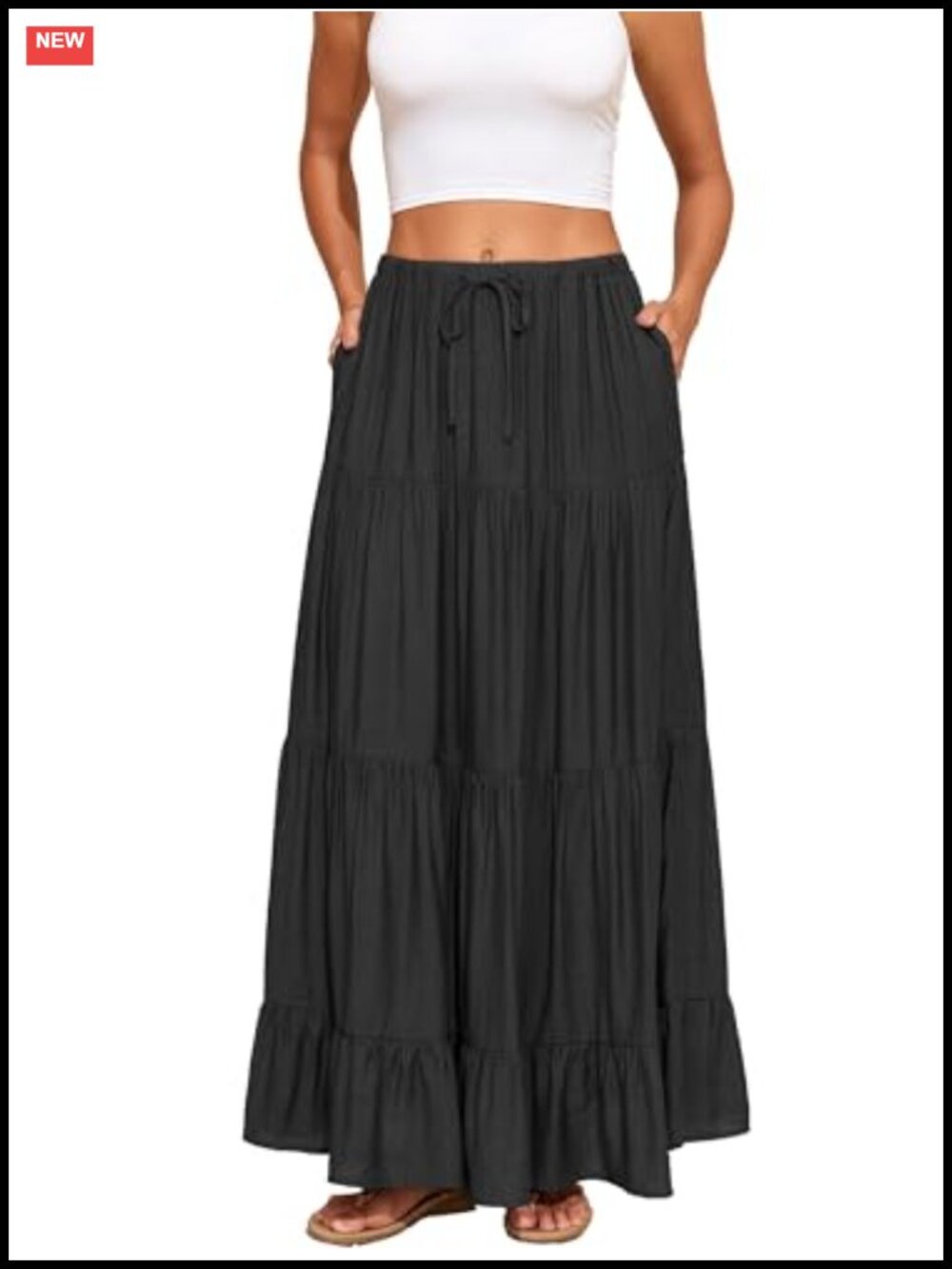 Cotton Nylon Tiered A-Line Maxi Skirt Drawstring Elastic Waist Pockets